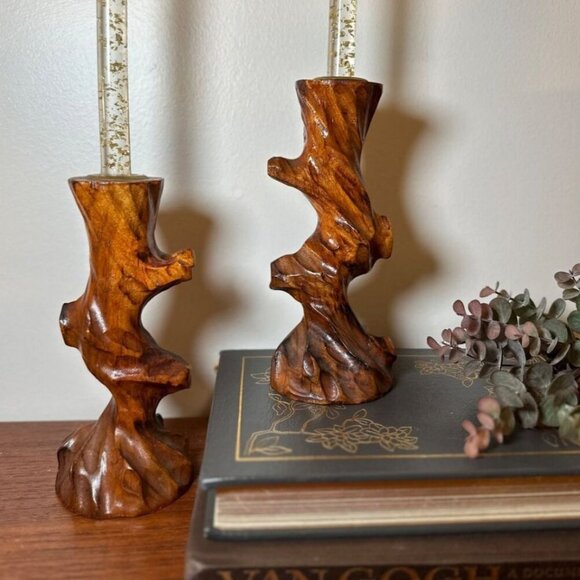 Vintage Natural Wood Raw Edge Tree Trunk Wood Candlestick Holder Brown Size 4"x1 - Picture 7 of 10